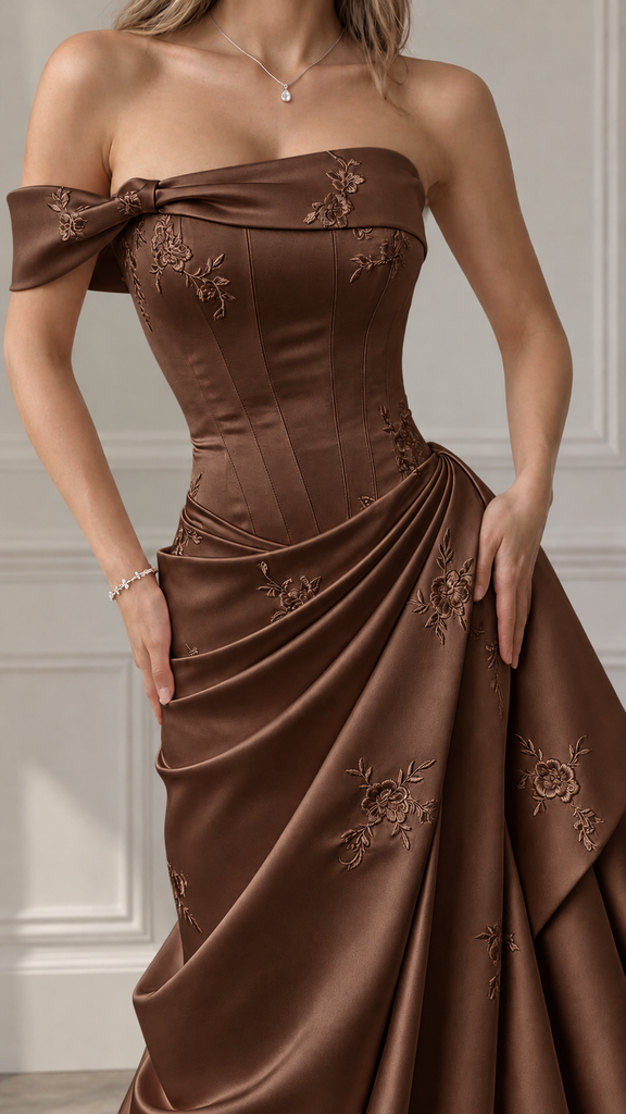 Elegant Dusty Pink Off Shoulder Corset A-line Prom Dress with Floral Embroidery, Evening Dress, PD28231270