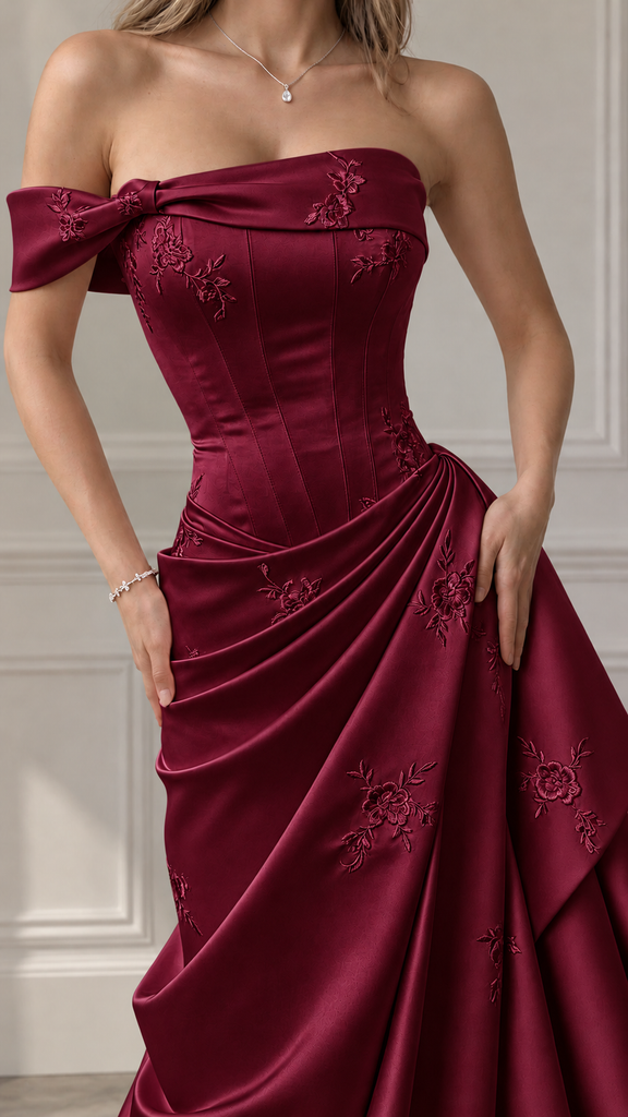 Elegant Dusty Pink Off Shoulder Corset A-line Prom Dress with Floral Embroidery, Evening Dress, PD28231270
