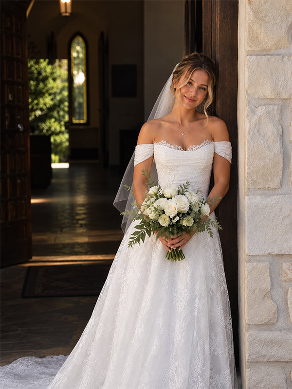 Elegant Floral Lace Off the Shoulder A-line Wedding Dress, WD3227
