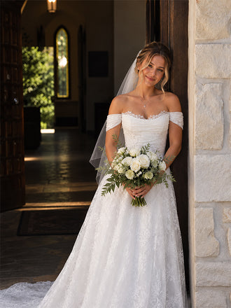 Elegant Floral Lace Off the Shoulder A-line Wedding Dress, WD3227