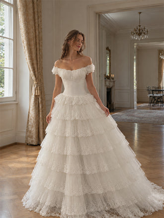 Gorgeous Off Shoulder A-line Lace Tiered Wedding Dress, WD32255