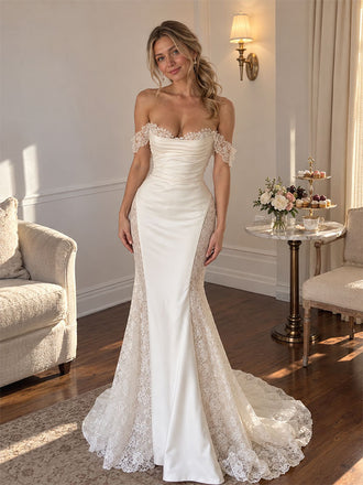 Elegant Off Shoulder Lace Mermaid Wedding Dress, WD3114