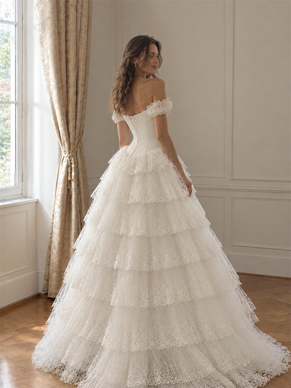 Gorgeous Off Shoulder A-line Lace Tiered Wedding Dress, WD32255