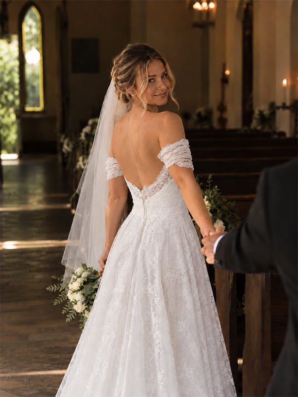 Elegant Floral Lace Off the Shoulder A-line Wedding Dress, WD3227