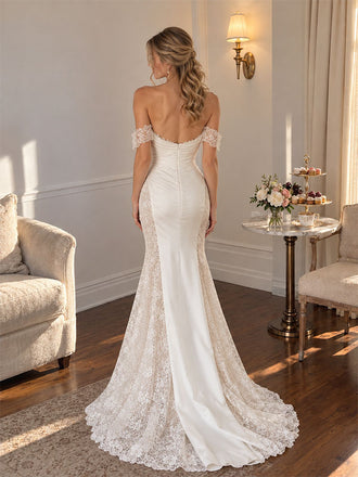 Elegant Off Shoulder Lace Mermaid Wedding Dress, WD3114