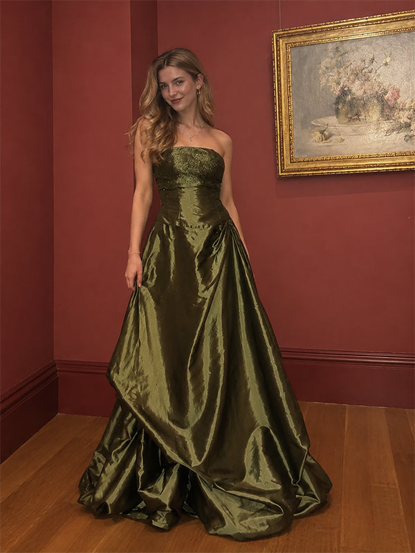 Elegant Olive Green Strapless Beaded Taffeta A-line Evening Dress, Prom Dress, PD28231280