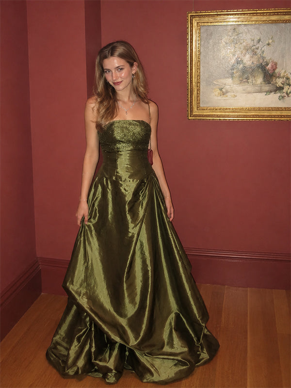 Elegant Olive Green Strapless Beaded Taffeta A-line Evening Dress, Prom Dress, PD28231280