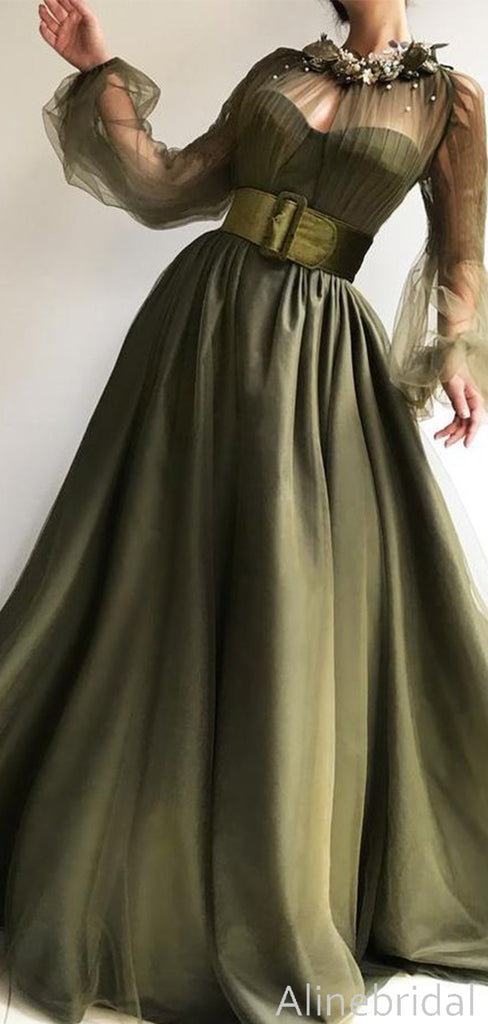 Elegant Olive Green Long Sleeve A-ling Long Prom Dress, High Neck Tulle Evening Dress, PD3822988