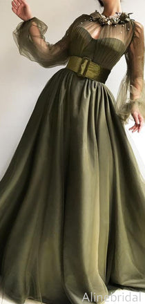 Elegant Olive Green Long Sleeve A-ling Long Prom Dress, High Neck Tulle Evening Dress, PD3822988
