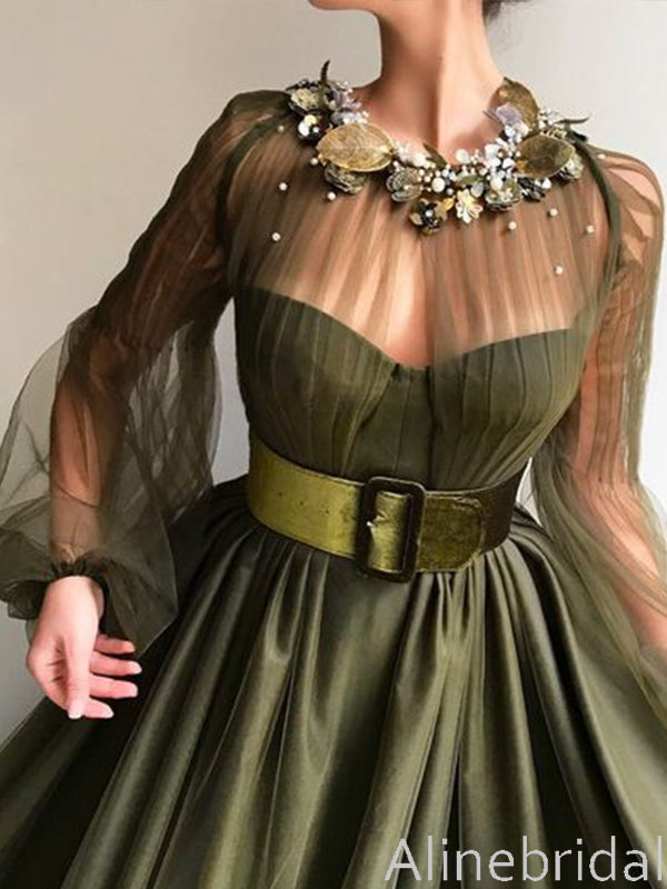 Elegant Olive Green Long Sleeve A-ling Long Prom Dress, High Neck Tulle Evening Dress, PD3822988
