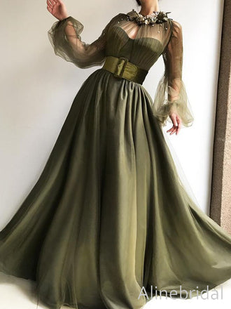 Elegant Olive Green Long Sleeve A-ling Long Prom Dress, High Neck Tulle Evening Dress, PD3822988