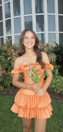 Elegant Off the Shoulder Sleeveless Ruffle Orange Short Homecoming Dress, Mini Skirt, HC382274