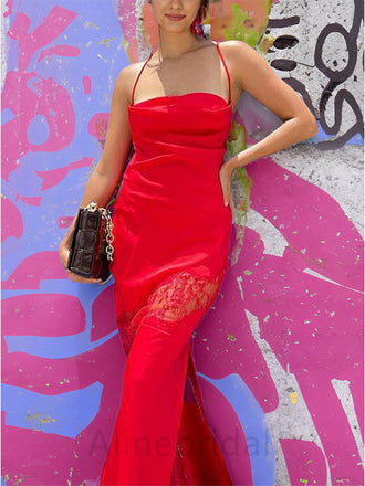 Sexy Red Spaghetti Straps Sleeveless Mermaid Floor Length Prom Dress, PD3684