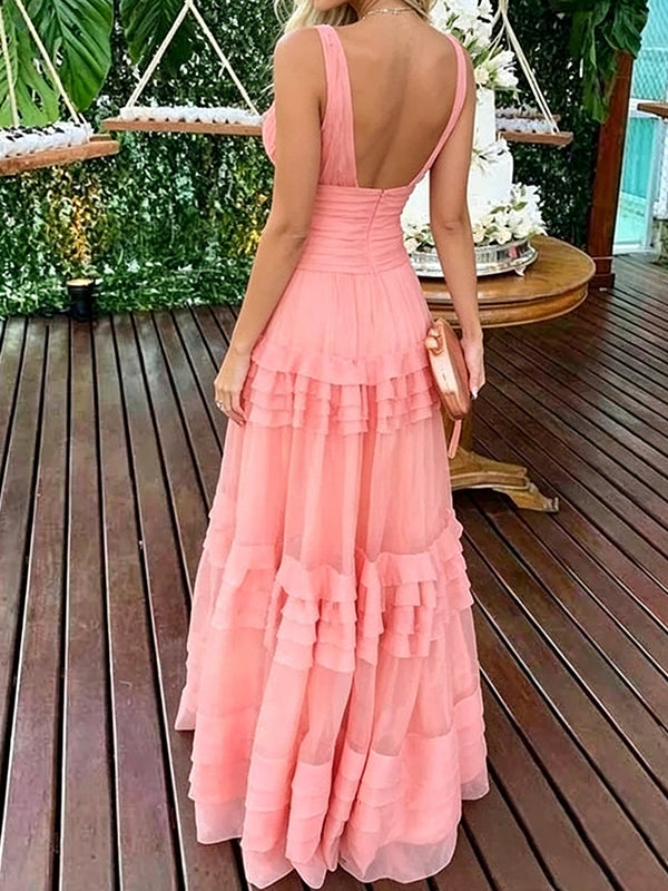 Elegant Pink V-neck Long Tiered Ruffle Prom Dress, PD381775