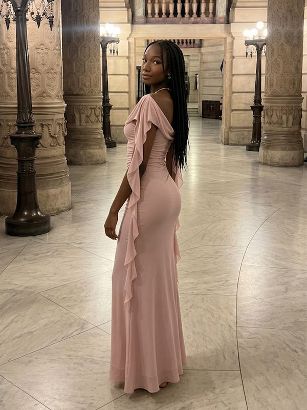 Eleagant Pink Off the Shoulder Bodycon Chiffon Evening Dress, Prom Dress, PD28231215