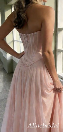 Elegant Pink Satin Strapless Corset A-line Prom Dress, PD3823020