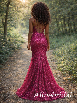 Sparkly Hot Pink Sequins V-neck Mermaid Prom Dress, PD3823032