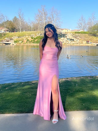 Elegant Spaghetti Straps Square High Slit Pink Maxi Long Mermaid Prom Dress,Formal Dress, PD382269