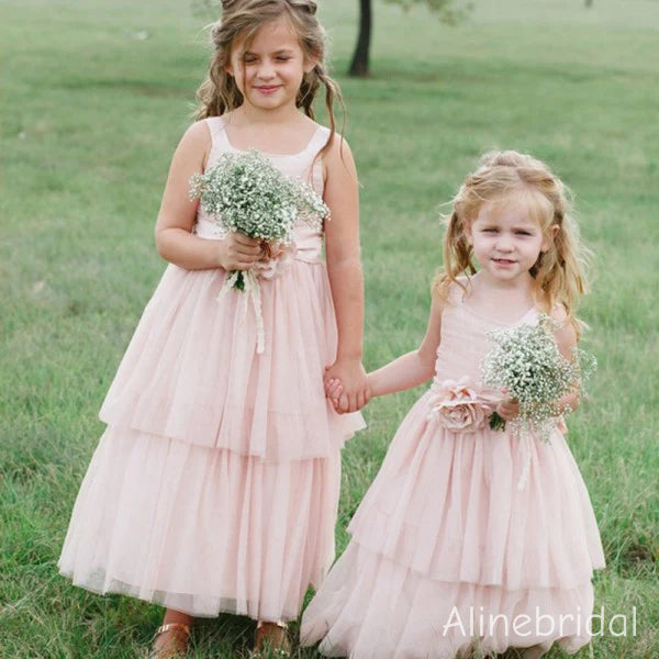 Cute Pink Tiered A-line Tulle Flower Girl Dress with Bow Detailing, FGS192