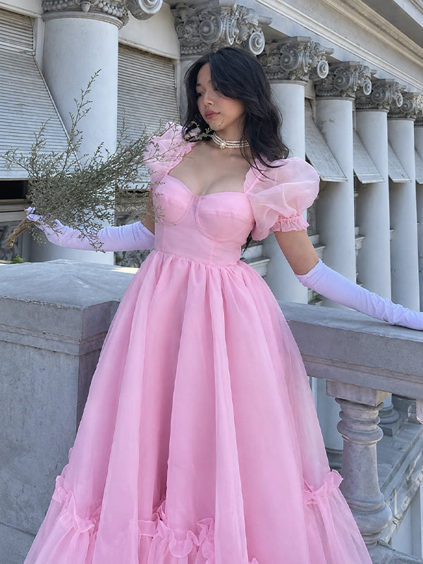 Gorgeous Pink Ruffles A-line Princess Prom Dress with Puff Sleeves, Evening Dress, WD3061