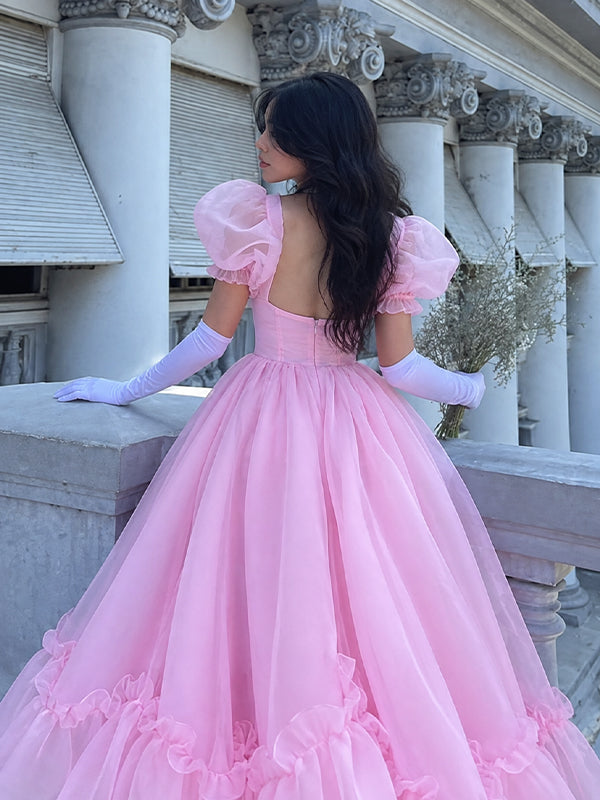 Gorgeous Pink Ruffles A-line Princess Prom Dress with Puff Sleeves, Evening Dress, WD3061
