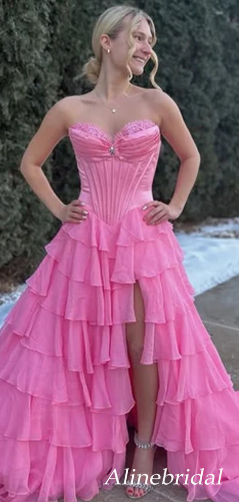 Gorgeous Pink Chiffon Strapless Corset A-line Prom Dress with Slit, Ruffles Tiered Evening Dress, PD3823026