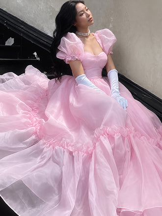 Gorgeous Pink Ruffles A-line Princess Prom Dress with Puff Sleeves, Evening Dress, WD3061