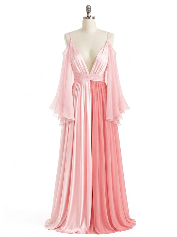 Flowy Pink V-neck Chiffon Long Sleeves A-line Long Evening Dress, PD381981