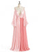 Flowy Pink V-neck Chiffon Long Sleeves A-line Long Evening Dress, PD381981