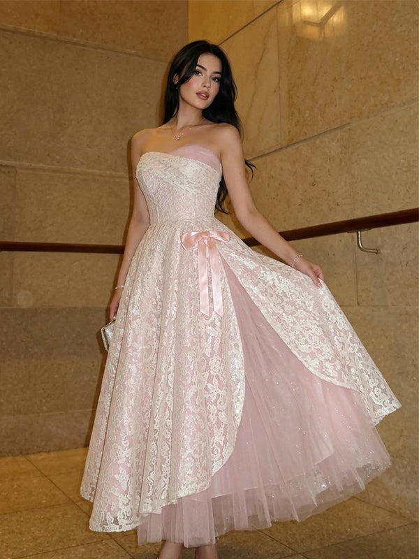 Vintage Pink Lace Strapless A-line Prom Dress, Evening Dress, BD0075