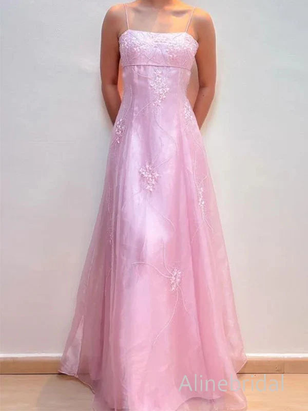 Elegant Pink Floral Beaded Backless A-line Prom Dress, Evening Dress, PD3822994