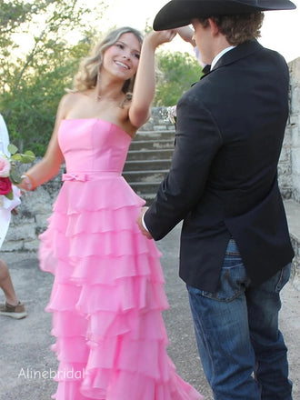 Sweet Strapless Ruffle Tiered  Pink Chiffon Long Prom Dress with Bow Detailing，Elegant Formal Dress, PD382268