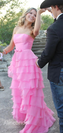 Sweet Strapless Ruffle Tiered  Pink Chiffon Long Prom Dress with Bow Detailing,Elegant Formal Dress, PD382268