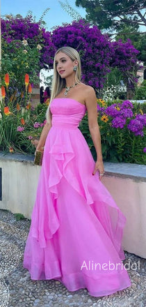 Elegant Strapless Ruffle  Hot Pink Maxi Long A-line Tulle Prom Dress,Formal Dress, PD382270