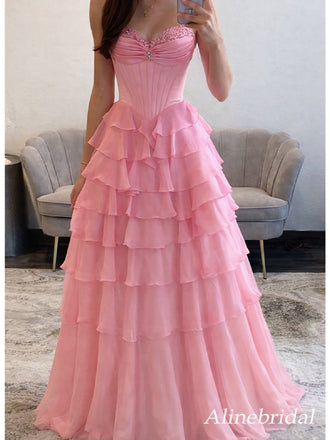 Gorgeous Pink Chiffon Corset A-line Ruffled Tiered Prom Dress, Evening Dress, PD3823046