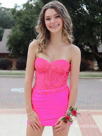 Sparkly Pink Strapless Homecoming Dress with Sweetheart Beaded Corset Top and Ruched Skirt, HC382275