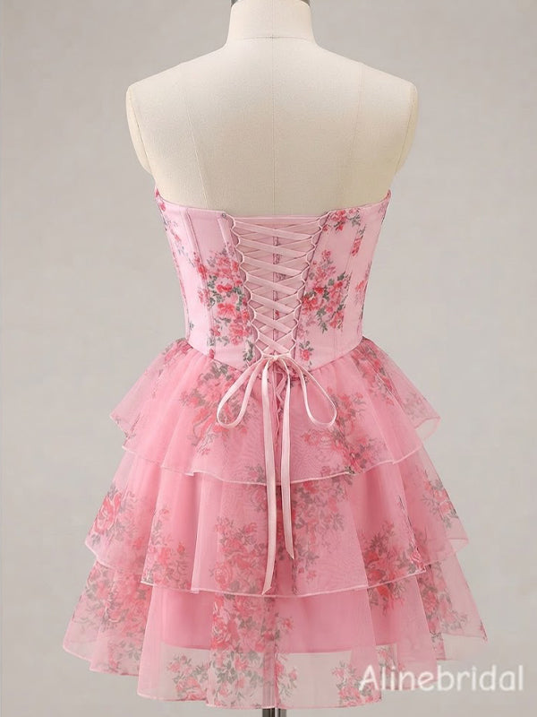 Elegant Pink Floral Ruffles A-line Corset Homecoming Dress, Prom Dress, PD382251