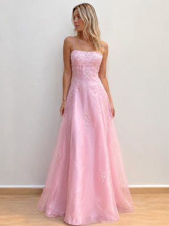 Elegant Pink Floral Beaded Backless A-line Prom Dress, Evening Dress, PD3822994