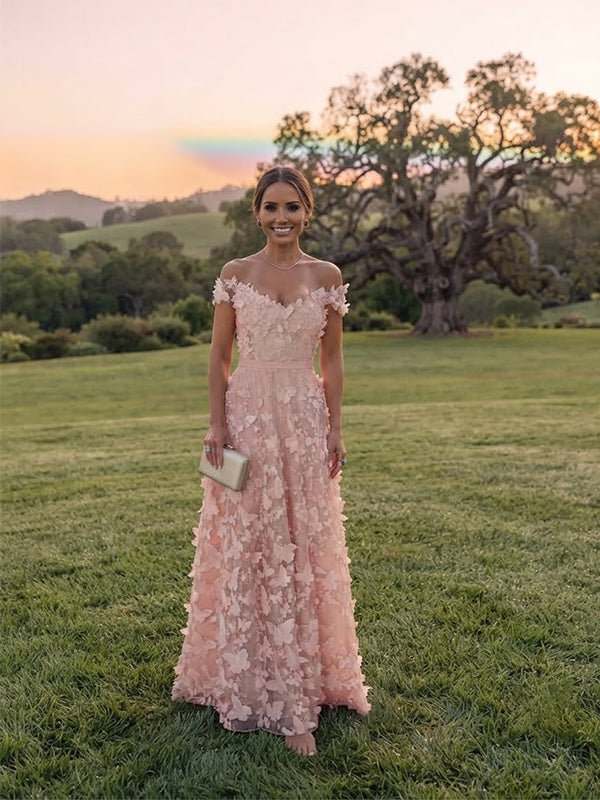 Elegant Pink Butterfly Off Shoulder A-Line Evening Dress, Wedding Guest Dress, PD00247