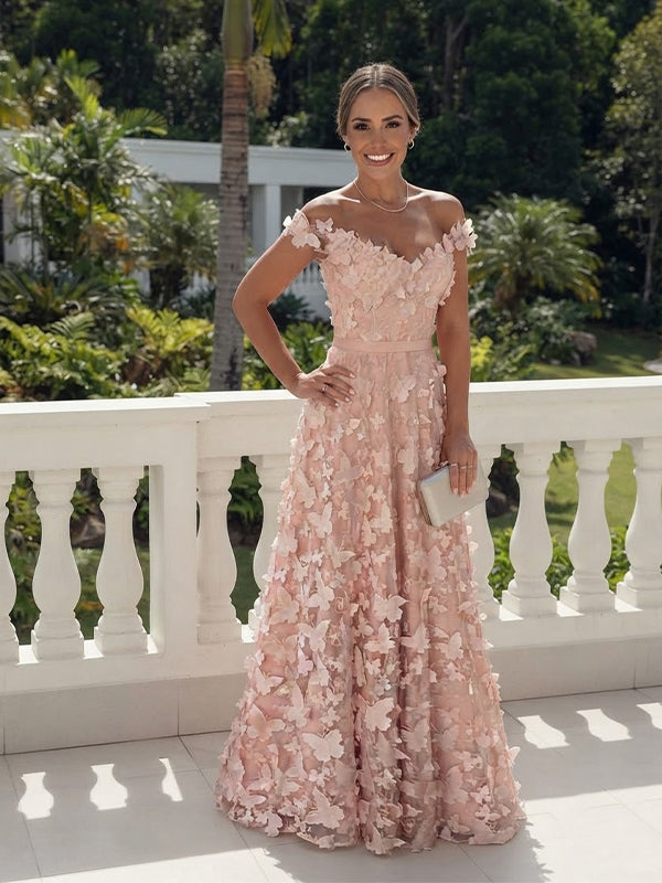 Elegant Pink Butterfly Off Shoulder A-Line Evening Dress, Wedding Guest Dress, PD00247