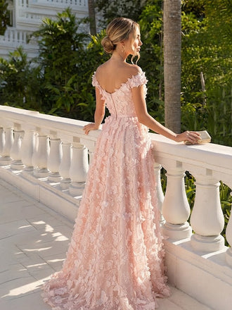 Elegant Pink Butterfly Off Shoulder A-Line Evening Dress, Wedding Guest Dress, PD00247