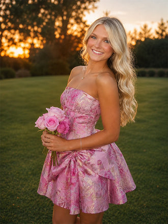 Gorgeous Floral Pink Bow Strapless A-line Short Mini Homecoming Dress, HC382309