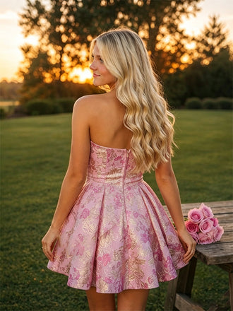 Gorgeous Floral Pink Bow Strapless A-line Short Mini Homecoming Dress, HC382309