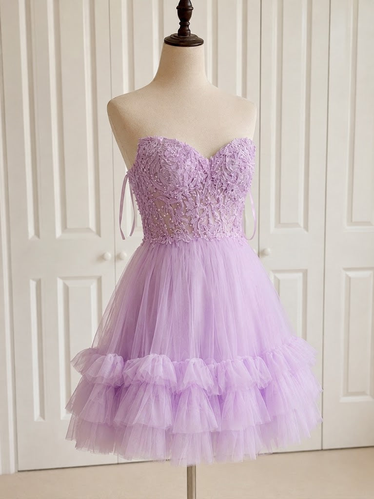 Elegant Pink Lace Beaded A-line Short Homecoming Dress, HC382320