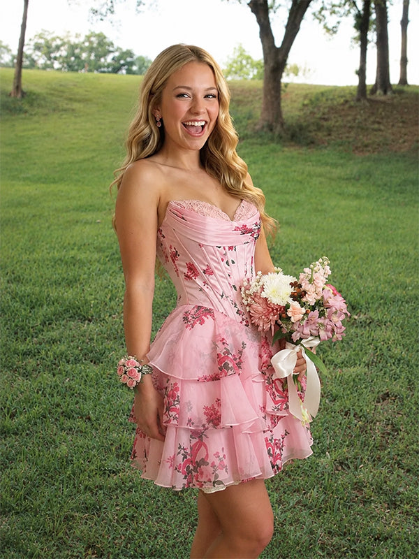 Stunning Pink Floral Strapless Corset A-line Homecoming Dress, HC382292