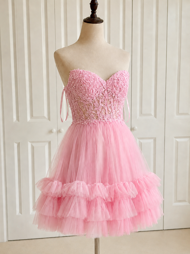 Elegant Pink Lace Beaded A-line Short Homecoming Dress, HC382320