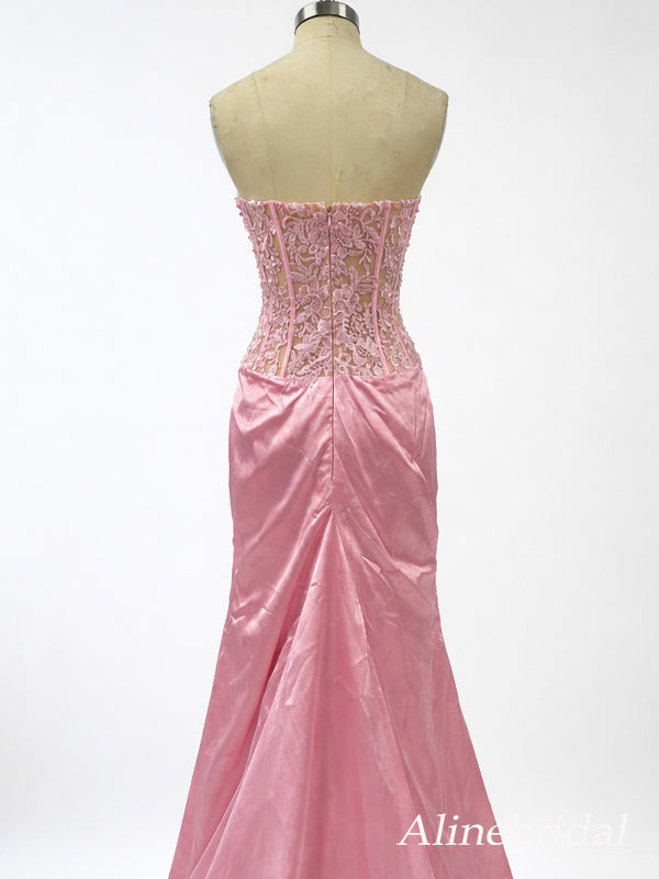 Sparkly Pink Beaded Mermaid Corset Prom Dress with Slit, Evening Dress, PD382241