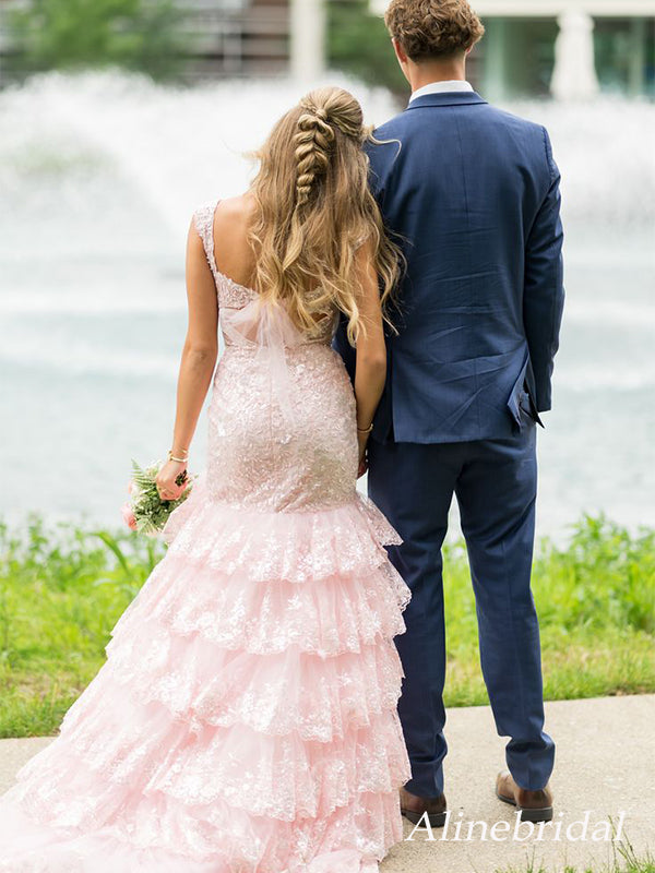 Elegant Light Pink Ruffles Side Slit Corset Prom Dress with Cap Sleeves, PD2823060