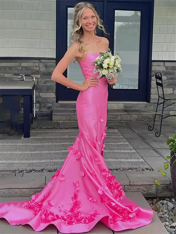 Hot Pink Strapless Mermaid Prom Dress with 3D Floral Appliques, PD3823023
