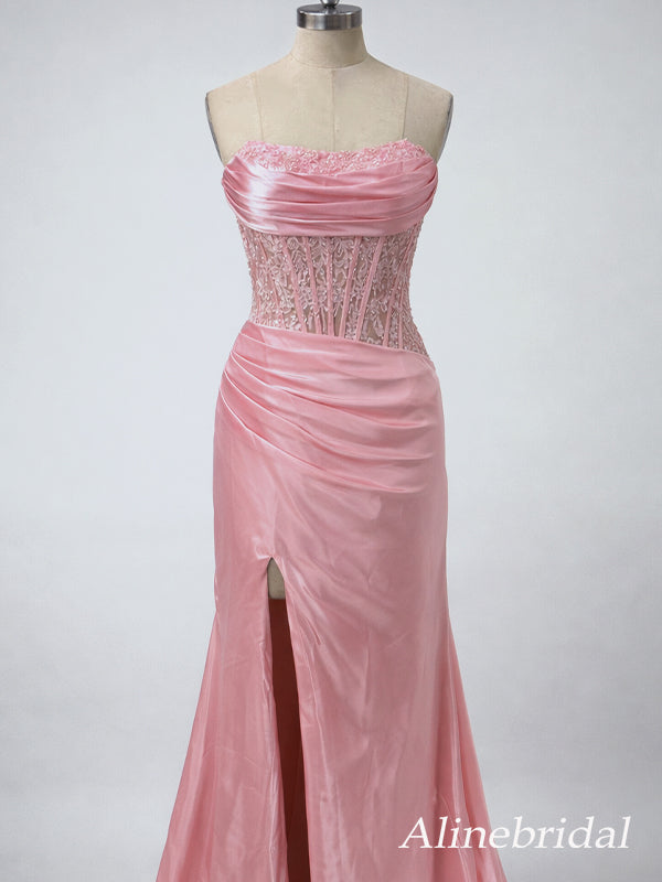 Sparkly Pink Beaded Mermaid Corset Prom Dress with Slit, Evening Dress, PD382241